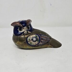 Vtg‎ Tonala brass and pottery owl figurine folk art blue white porcelain MCM
